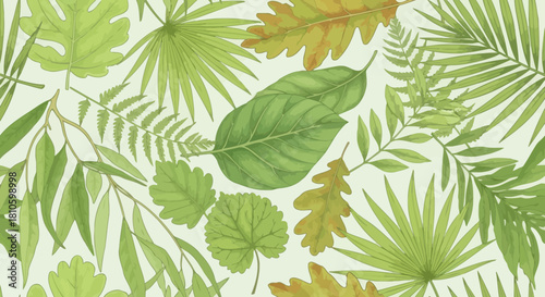 Lush collection of tropical and temperate foliage leaves in vibrant