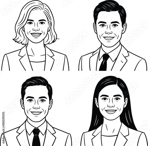 Corporate team illustration, business portraits, professional avatars, office staff drawing, blue line art, employee profile, workplace diversity, stylized sketch