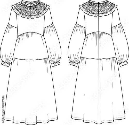 Elegant fashion sketch, long sleeve dress, pleated yoke, technical flat, garment design, couture silhouette, back view, front view, illustration