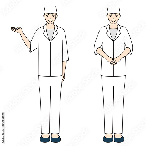 Japanese chef in white uniform guiding and bowing with hospitality