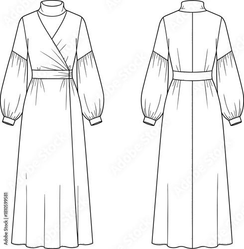 Elegant, long-sleeved, full-length dress illustration, fashion sketch, bishop sleeves, wrap bodice, belt detail, technical drawing, garment design, couture concept