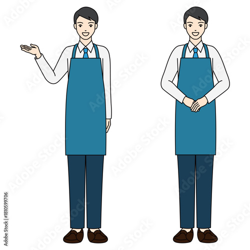 Male shop assistant in blue apron guiding and bowing politely
