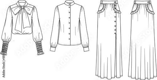 Fashion design sketch, technical drawing, stylish tops, elegant skirts, garment illustration, puff sleeves, mandarin collar, ruffle pockets, flowy silhouette
