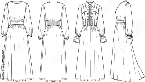 Fashion illustration, technical sketch, dress design, garment construction, long sleeve dress, front view, back view, side view, couture detail, sewing reference, pattern making, fashion flat