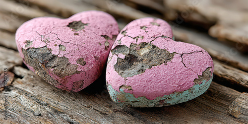 Two distressed pink hearts on weathered wood symbolizing broken love