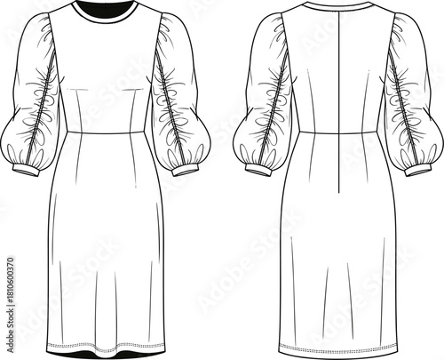 Fashion illustration, technical sketch, puff sleeve dress, midi length, garment design, front and back view, couture, sewing templateFashion illustration, technical sketch 