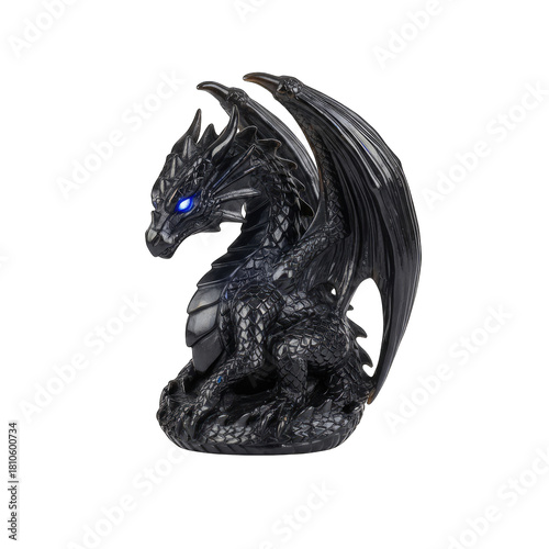 Glistening Black Dragon Figurine With Blue Eyes On Black Background