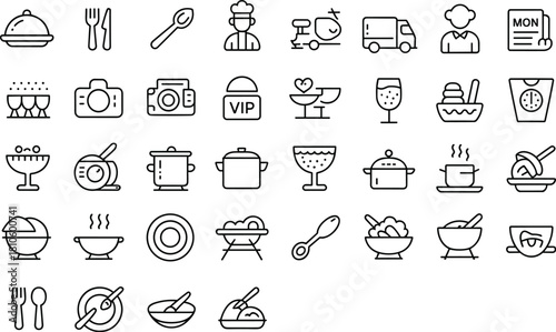 Food, cooking, dining, kitchen, restaurant, chef, utensils, delivery, icons, blue, line, minimal, modern, vector, service, gourmet, meal, tools, culinary, graphic