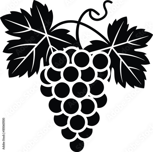 Grapes silhouette, black fruit icon, vineyard symbol, wine design, agriculture art, grape leaves, harvest illustration, nature graphic, farming element, winery logo