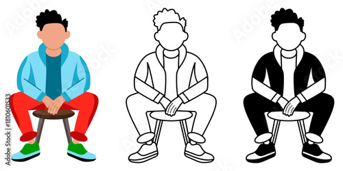 Flat vector illustration showing a young man sitting on a stool