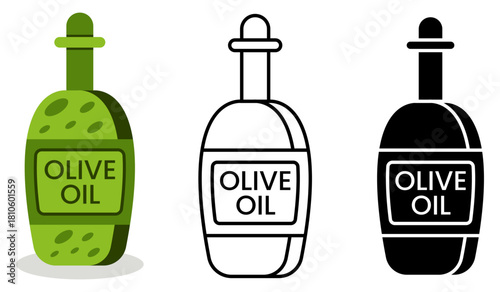 Flat vector artwork of a green olive oil bottle isolated on white background