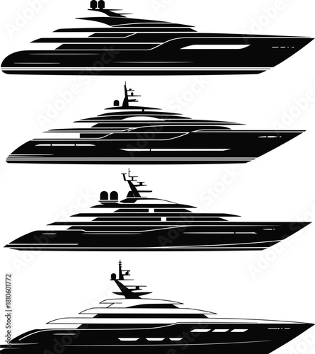 Luxury, yacht, silhouette, side, profile, modern, marine, vessel, ocean, cruise, deck, radar, sleek, design, nautical, travel, ship, illustration, blueprint, engineering