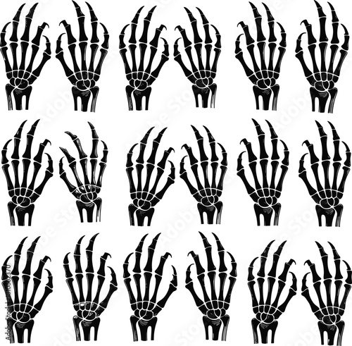 Skeletal hands pattern, anatomy illustration, Halloween theme, bone structure art, medical concept, spooky design, grid layout, black blue contrast