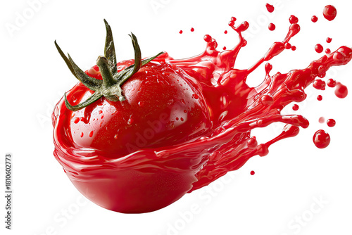 Ripe tomato explodes into a vibrant, thick red liquid