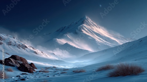 A snow-covered mountain range at dusk, with a celestial body in the darkening sky