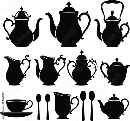 Vintage, silhouette, tea, coffee, set, ornate, classical, black, icons, elegant, antique, kitchenware, design, isolated, collection, retro, serving, elements, traditional, vector