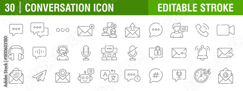 Collection of conversation icons. Communication, chatting, voice messages, discussions, speech bubbles. Vector design templates, signs, symbols, editable strokes.