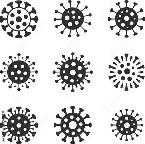 Virus icon set, medical illustration, pandemic symbol, microscopic pathogen, healthcare graphic, infection alert, virology concept, disease awareness, black silhouette, stylized virus, corona design
