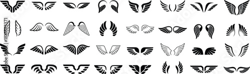 Wing icons collection, abstract feathers, minimalist design, vector symbols, spiritual flight, graphic elements, tattoo inspiration, branding assets, creative freedom