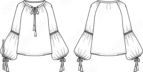 Women's blouse fashion illustration, technical drawing, gathered sleeves, tassel details, front and back view, garment design, sewing template, apparel sketch
