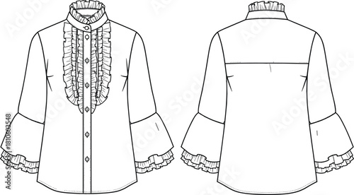Women's blouse fashion sketch, technical flat design, ruffle collar, flared sleeves, button-down front, garment illustration, apparel template, stylish top
