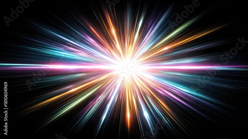 A vibrant, colorful explosion of light and color against a black background.