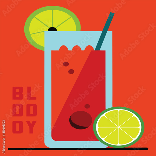 Flat design bloody mary cocktail with lime and straw