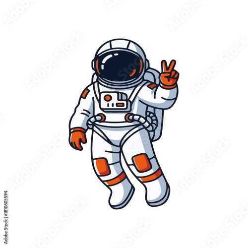 Cute Cartoon Astronaut Giving Peace Sign V-Gesture: Fun Vector Illustration of a Spaceman in a White Suit, Symbolizing Victory, Hope, and Adventure in Outer Space, Perfect for Sci-Fi Themes.