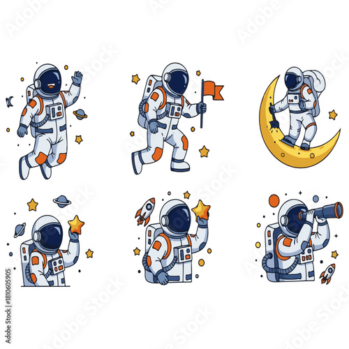 Big Set of Cartoon Astronauts in Space: Vector Bundle Featuring Spacemen Waving, Exploring Planets, Planting Flags, and Observing Stars, Available in Various Colorful Suits for Education and Stickers.