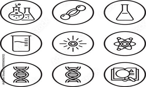 Collection of science and research icons including beakers flasks dna atom sun and magnifying glass isolated on white background.