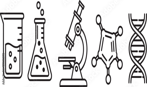 Collection of scientific laboratory equipment and molecular structures including a beaker flask microscope molecule and dna strand isolated on white background.