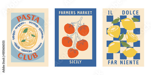 Vintage riviera food and travel poster pack, retro Mediterranean farmers market and travel art