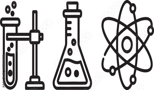 Collection of three science icons representing chemistry and physics including a test tube rack with bubbling liquid a conical flask with liquid and an atomic model isolated on white background.