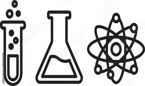 Three simple line art icons representing science and chemistry laboratory equipment and an atom symbol isolated on white background.