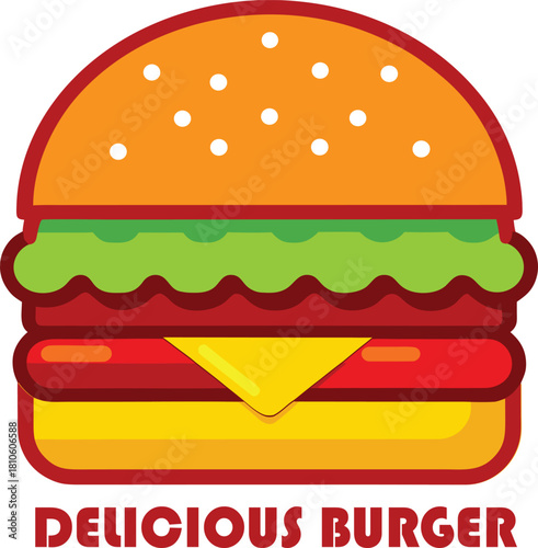 Stylized illustration of a delicious cheeseburger with sesame seed bun