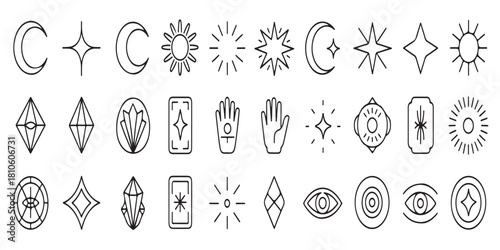 Mystical Symbols Set With Celestial Moons, Stars, Suns, Hands, Diamonds, and Abstract Icons for Design.