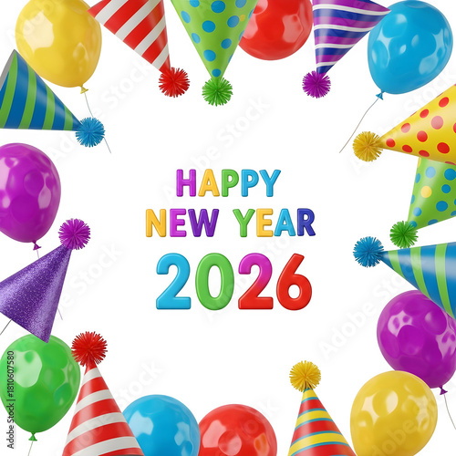 Happy new year 2026 celebration with colorful balloons and party hats