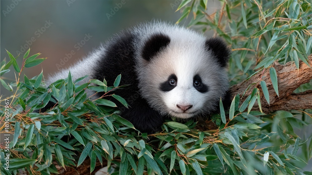 Fototapeta premium Adorable panda cub rests on a tree branch amid lush green foliage, looking at the viewer