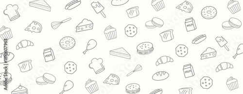Seamless food doodle pattern featuring hand-drawn bakery and snack icons. Perfect for packaging, wrapping paper, backgrounds, fabrics, and playful graphic designs.
