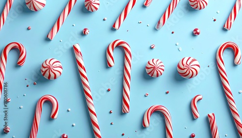 Candy canes and peppermint candies on a light blue backdrop