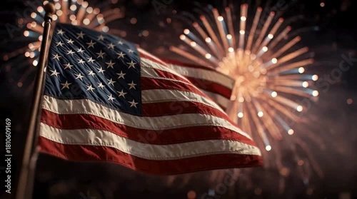 American Flag in Slow Motion With Fireworks – Festive Celebration Theme
