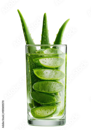 Aloe vera slices and leaves arranged in a glass