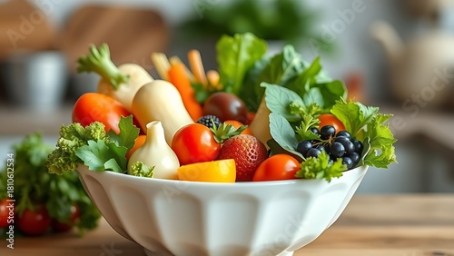 nosedive. Heart-healthy diet with colorful vegetables and fruits in bowl. menu design, packaging mockups, designed for culinary blogs and recipe cards for restaurants, used by motion designers.