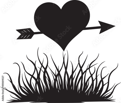Black heart pierced by arrow over grass silhouette