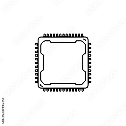 Microchip cpu component minimal line vector illustration for digital hardware engineering, semiconductor device systems, and computing concept graphics
