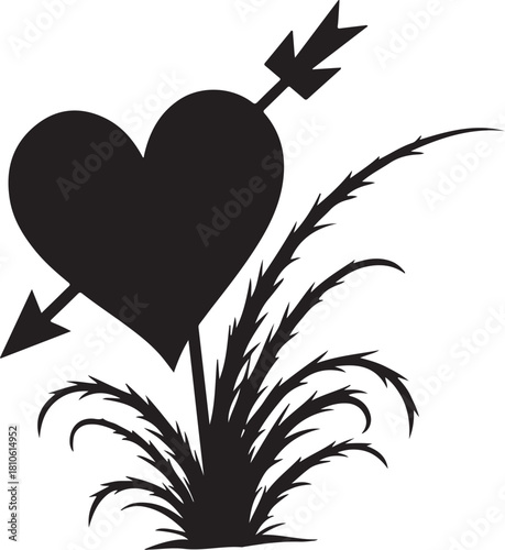 Black heart pierced by arrow with spiky plant love