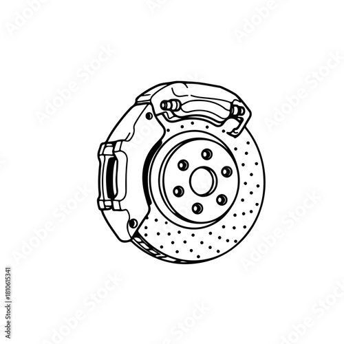 Ventilated brake disc rotor vector illustration in mechanical outline style ideal for performance car systems and engineering usage