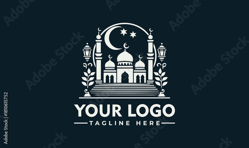 Islamic Mosque Vector Logo Illustration with Crescent Moon and Stars
