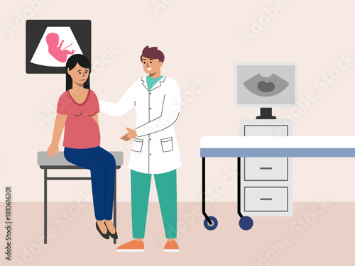 A pregnant woman is consulting with an obstetrician. Hospital vector illustration. Flat illustration concept.