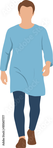 Minimalist Flat Illustration of Walking Man with Blue Kurta and Dark Pants